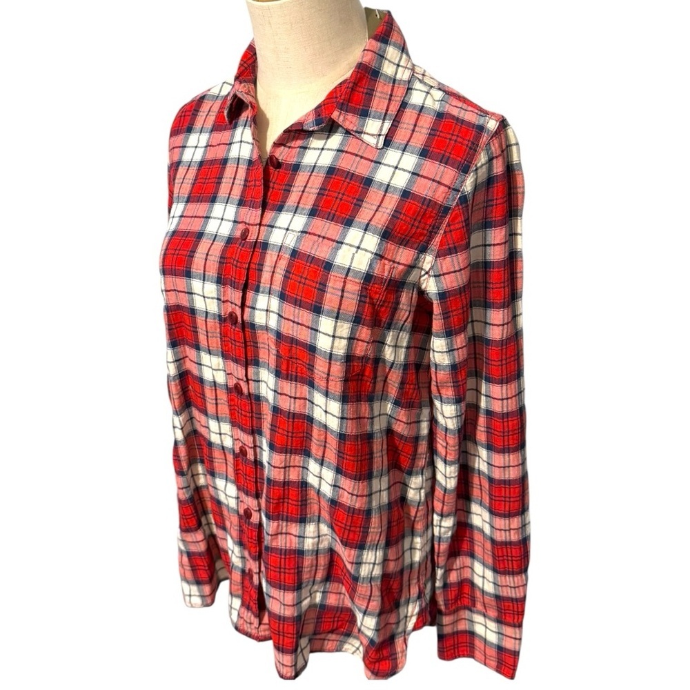 J.Crew Red Plaid Flannel Button Down Shirt Women’s Size 4 Long Sleeve Cotton - Picture 2 of 8